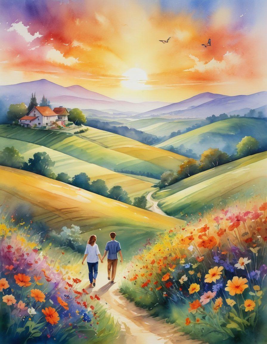 A serene landscape depicting a bright sunrise over rolling hills, symbolizing the journey from satisfaction to ecstasy. Include joyful people engaging in activities like dancing, painting, and meditating, surrounded by vibrant flowers and butterflies. The atmosphere should feel uplifting and inspiring, capturing the essence of joyful living. watercolor painting. warm colors. dynamic composition.