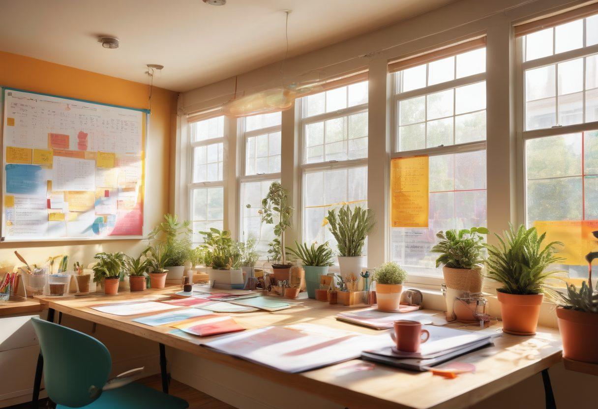 A bright and inviting workspace featuring a diverse group of people collaboratively using Estub tools, surrounded by colorful charts and inspirational quotes. Sunlight streaming through a window, plants in the background, and a whiteboard filled with ideas, all showcasing cheerful teamwork and creativity. vibrant colors. 3D. upbeat atmosphere.