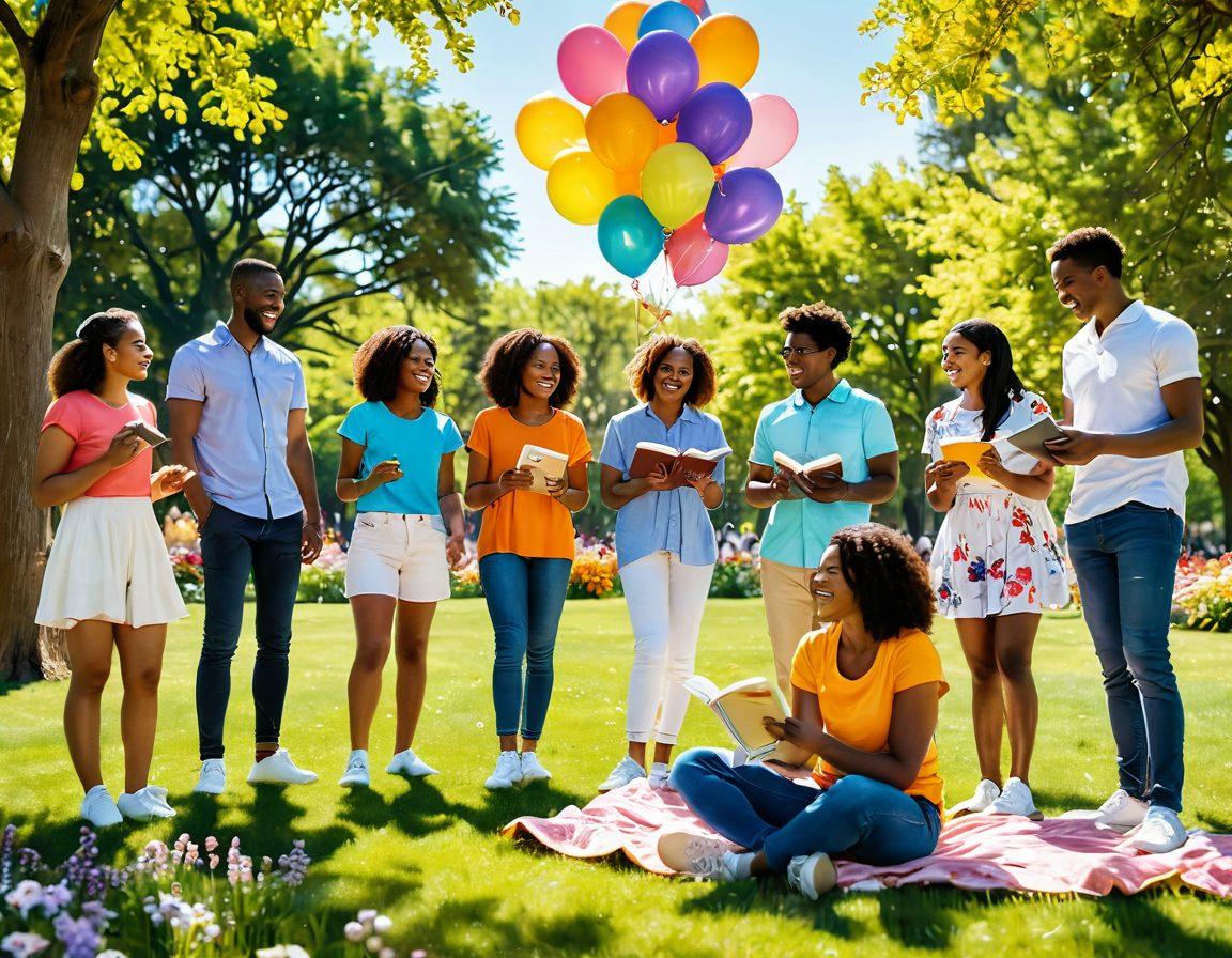 A vibrant scene depicting a diverse group of people sharing joyful moments in a sunlit park, surrounded by blooming flowers and cheerful balloons, with one individual reading a book titled 'Estub Insights.' Include elements of laughter, connection, and playful interactions, symbolizing happiness and exploration. super-realistic. vibrant colors. soft focus.